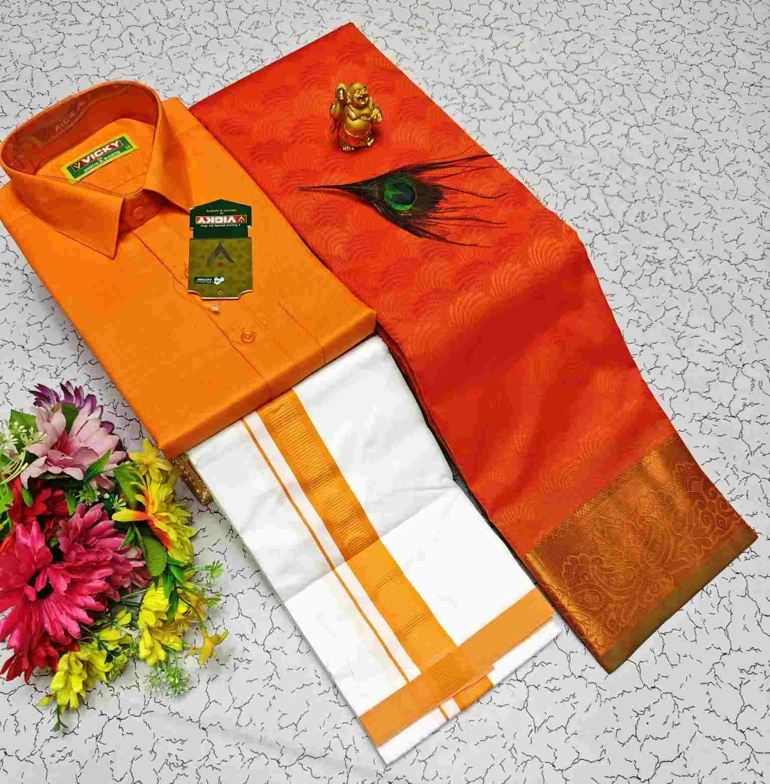 Saffron 3D Embossed Contrast Karizma Silk Couple Combo